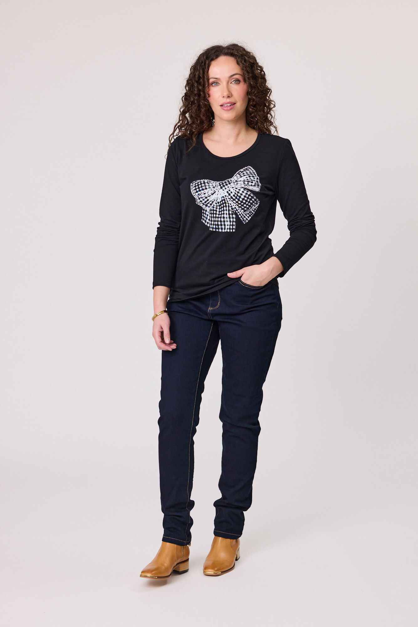 Black Long Sleeve Bow Tee