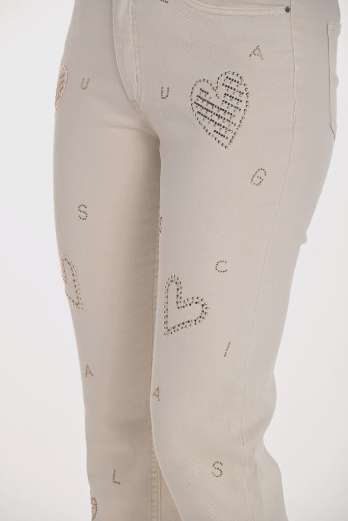 Heart Embellished Sand Cropped Jean