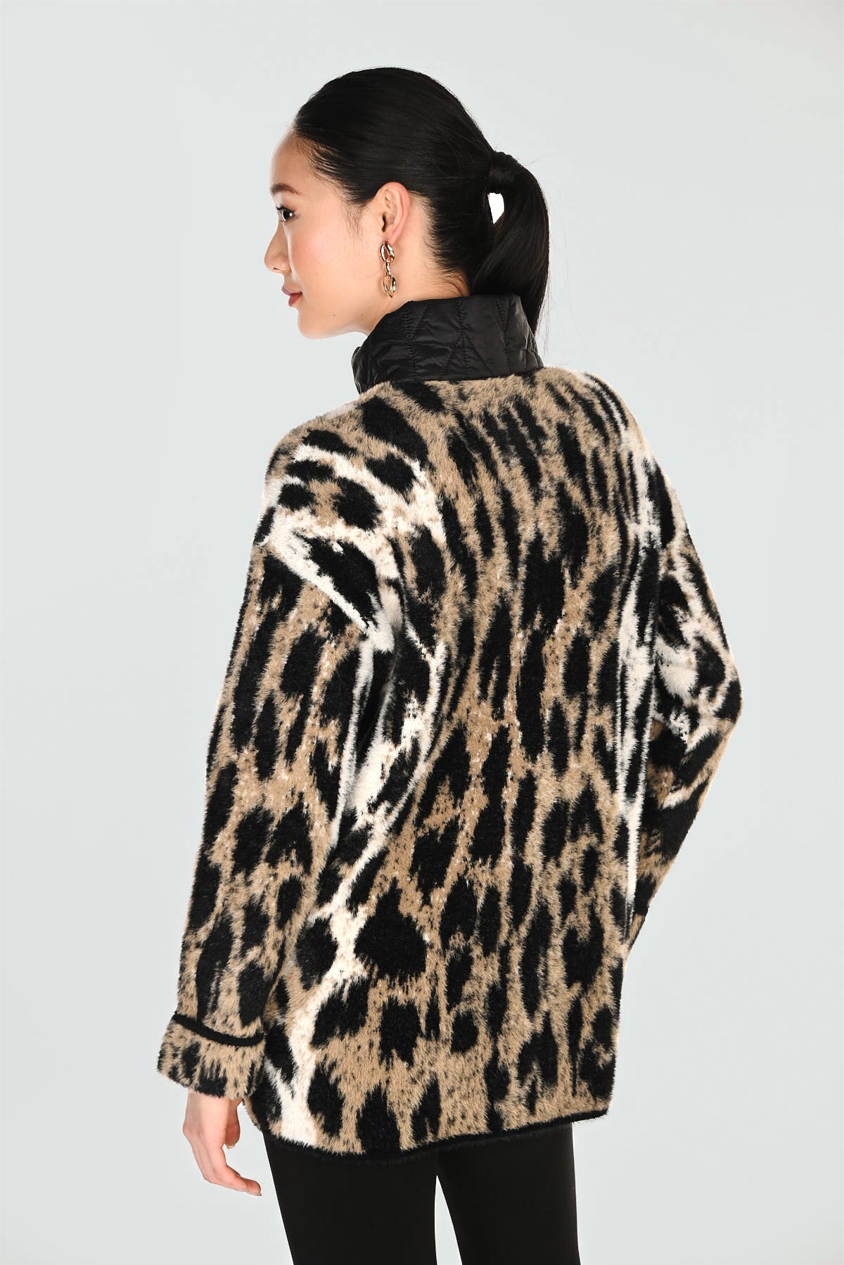 Funnel Neck Leopard Print Knit Jacket