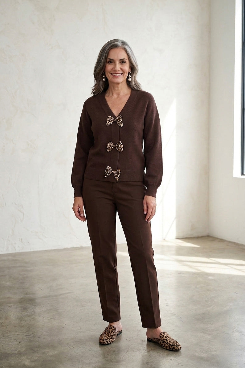 Mocha Cardigan With Leopard Print Bows