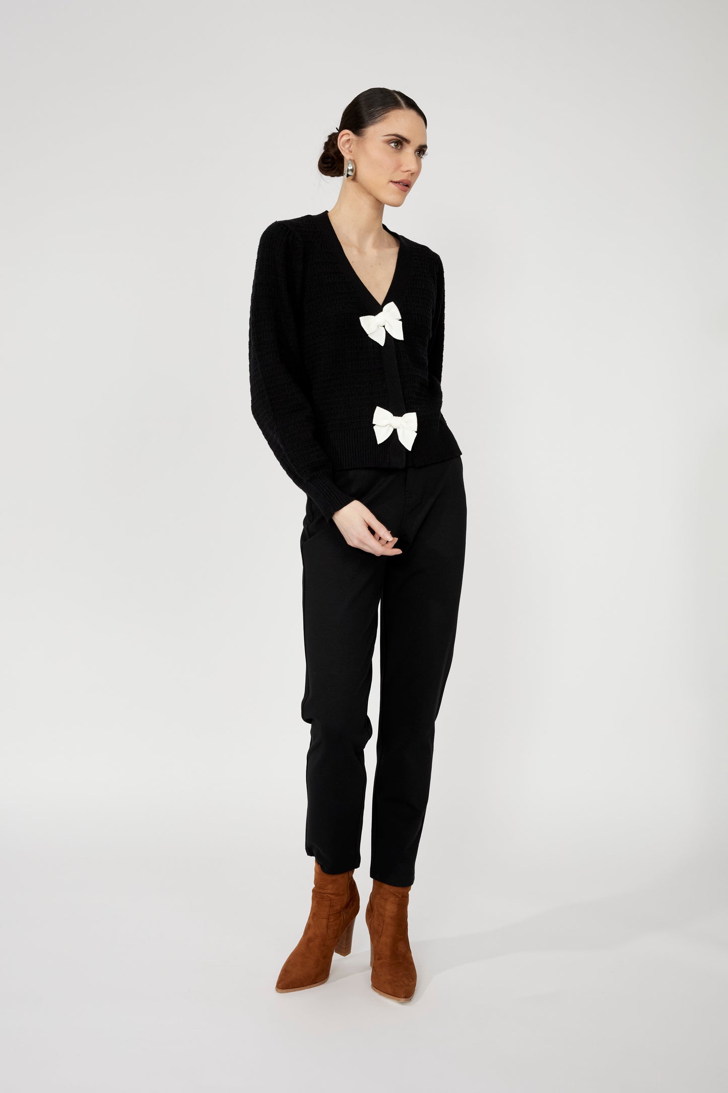 Textured V-neck Puff Sleeve Cardigan