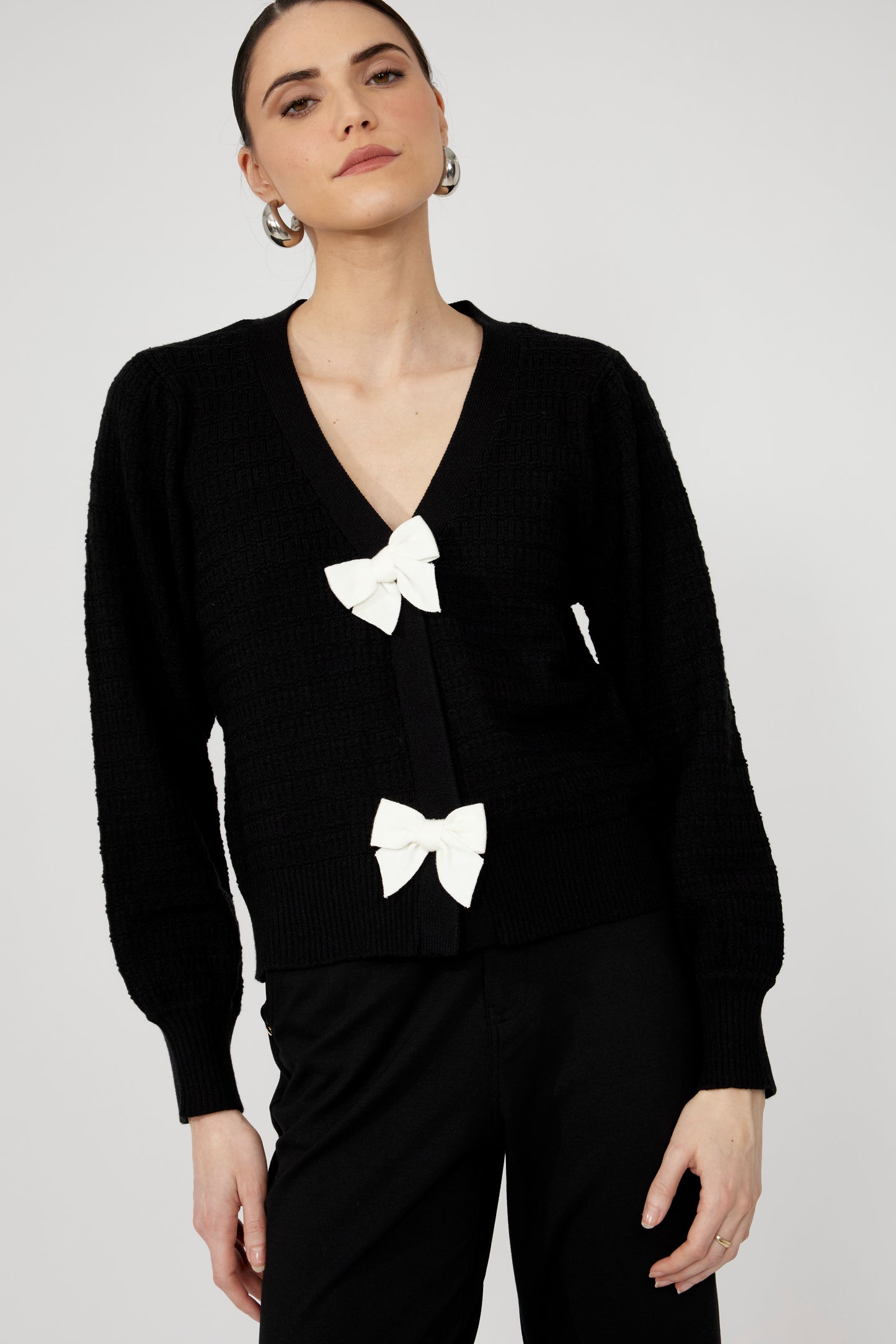 Textured V-neck Puff Sleeve Cardigan
