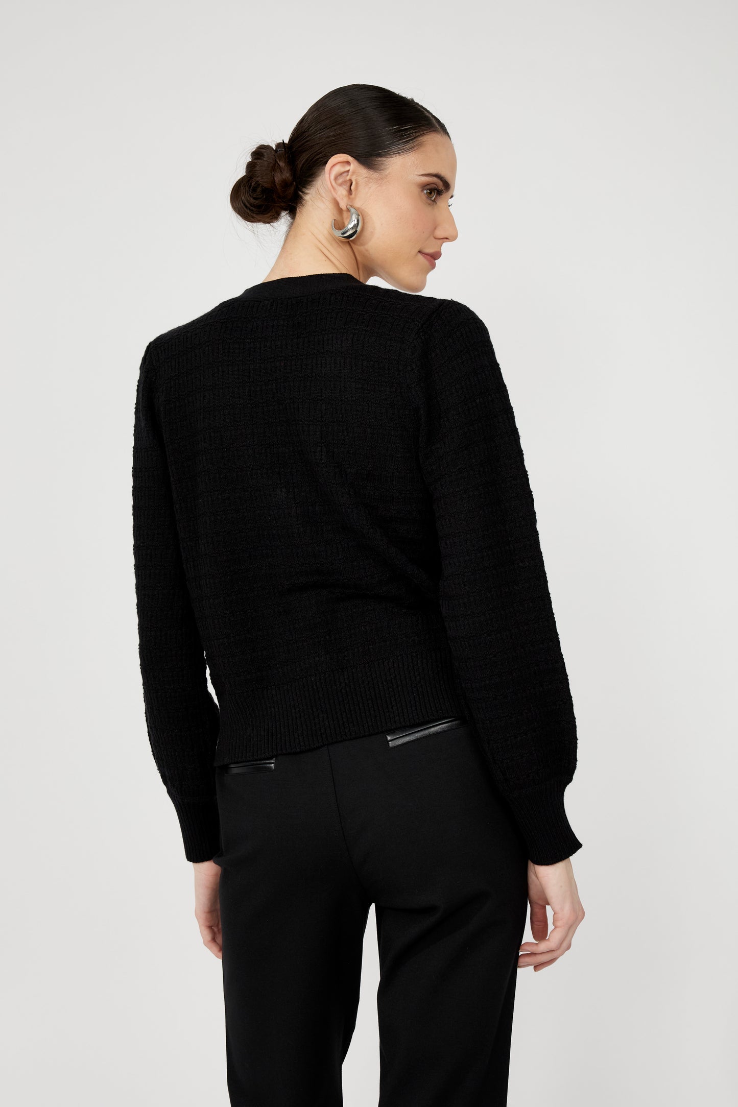 Textured V-neck Puff Sleeve Cardigan