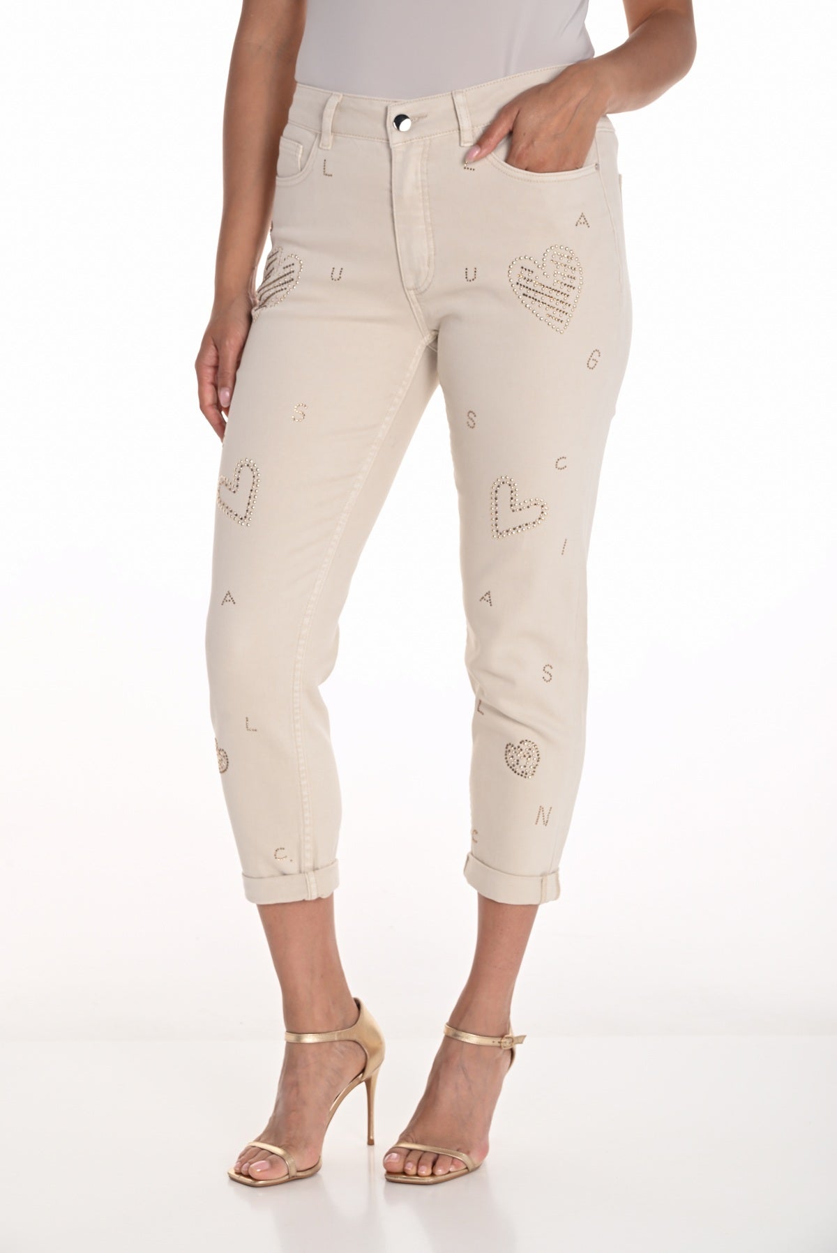 Heart Embellished Sand Cropped Jean