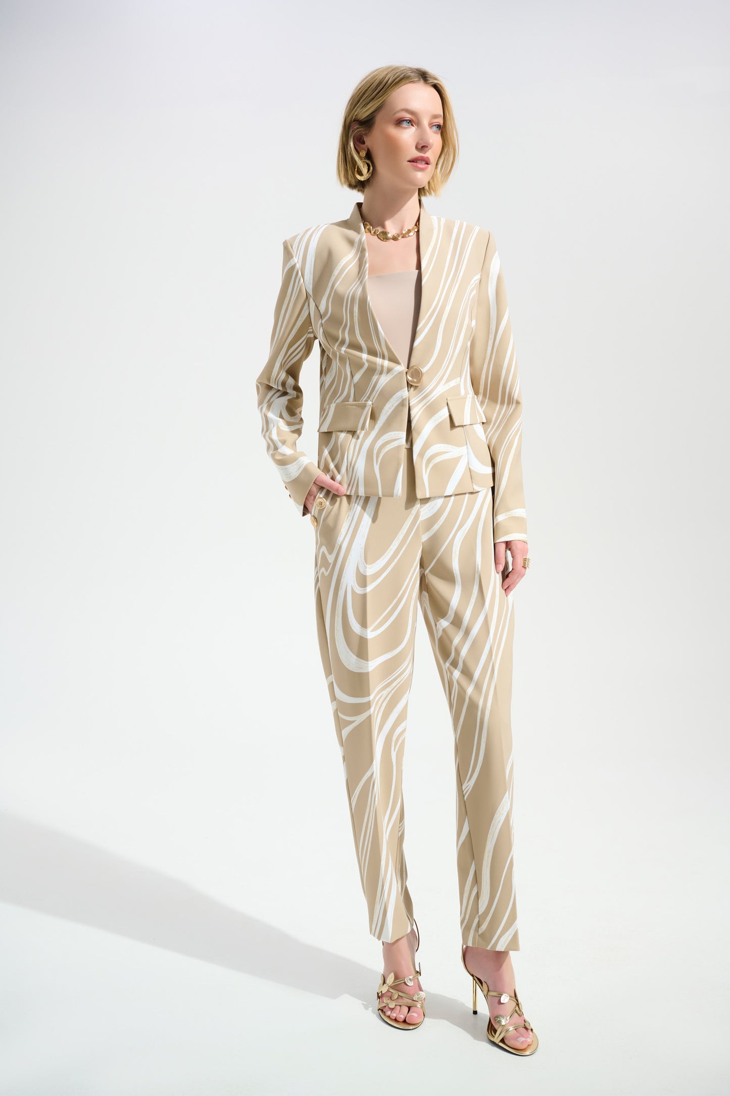 Straight Cut Beige Abstract Trousers