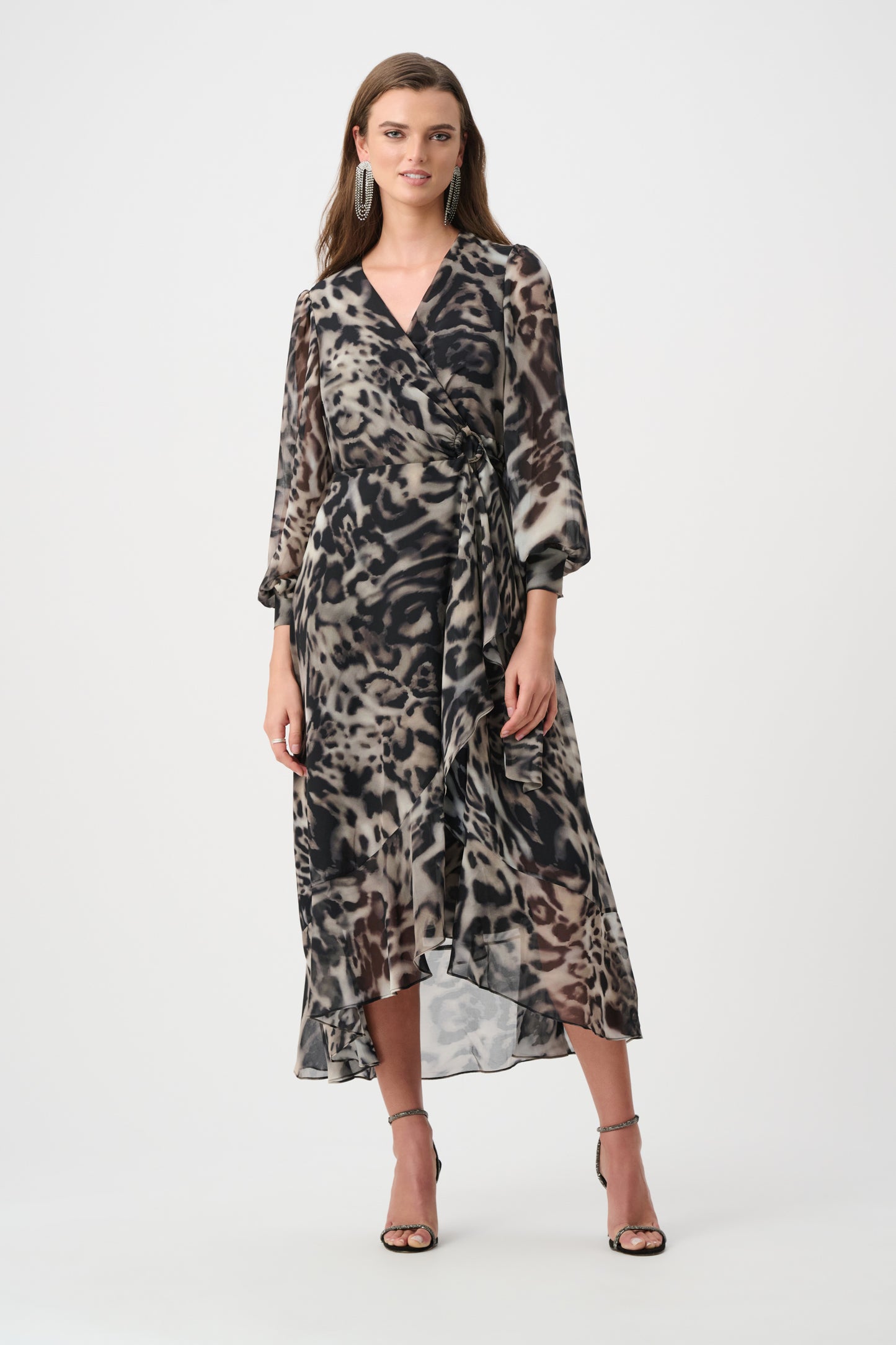 Animal Print Puff Sleeve Wrap Dress