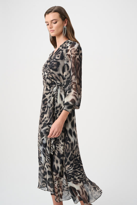 Animal Print Puff Sleeve Wrap Dress
