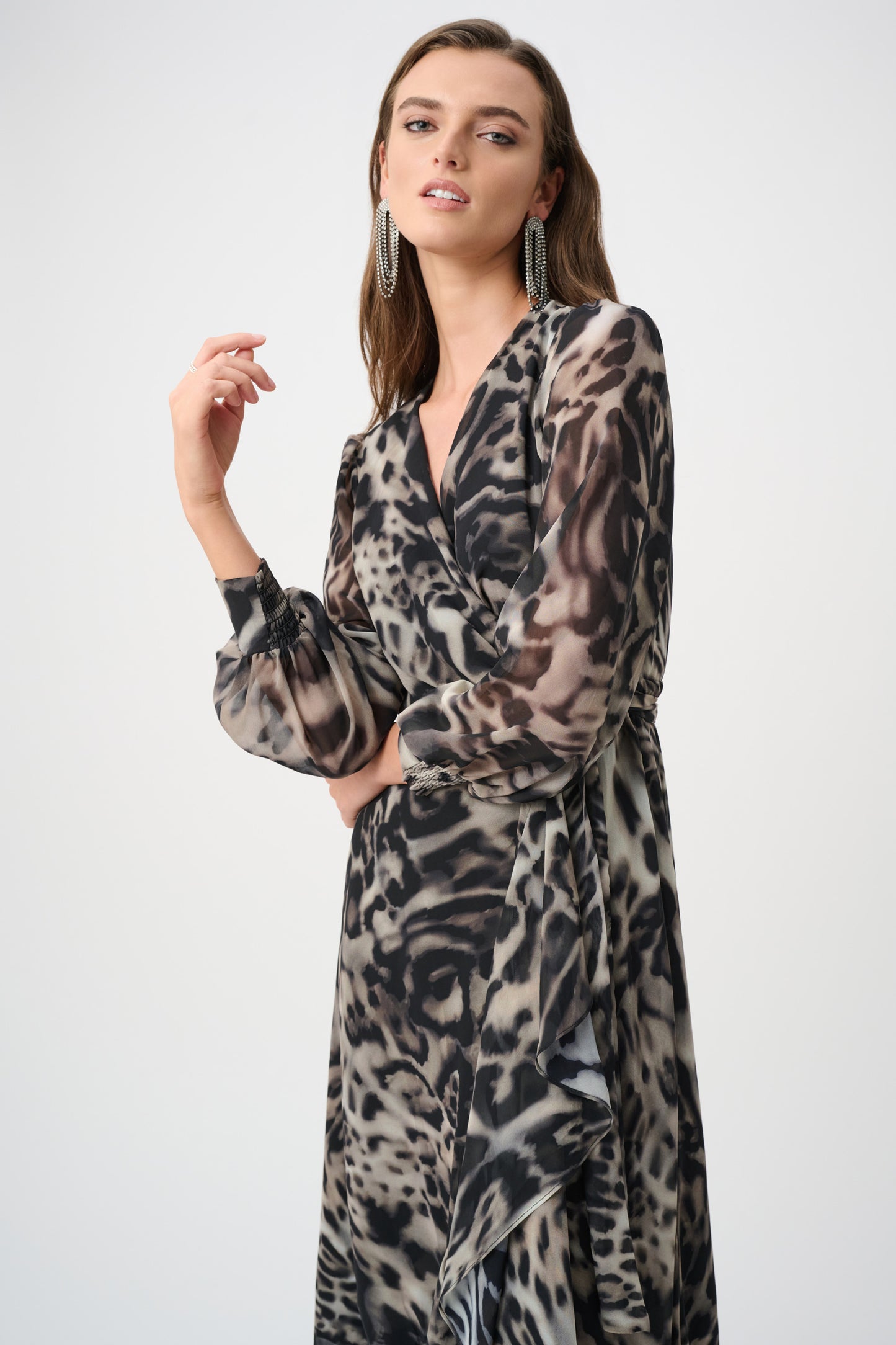 Animal Print Puff Sleeve Wrap Dress