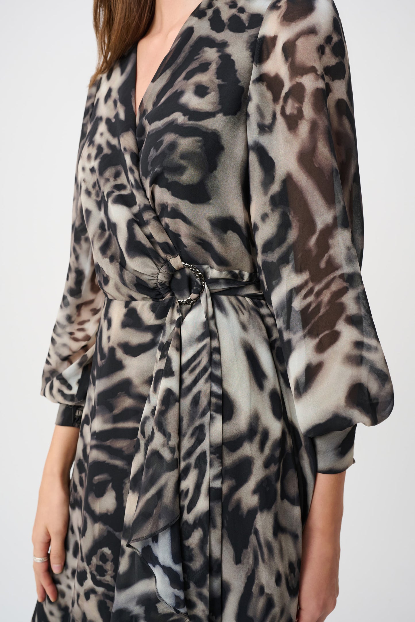 Animal Print Puff Sleeve Wrap Dress