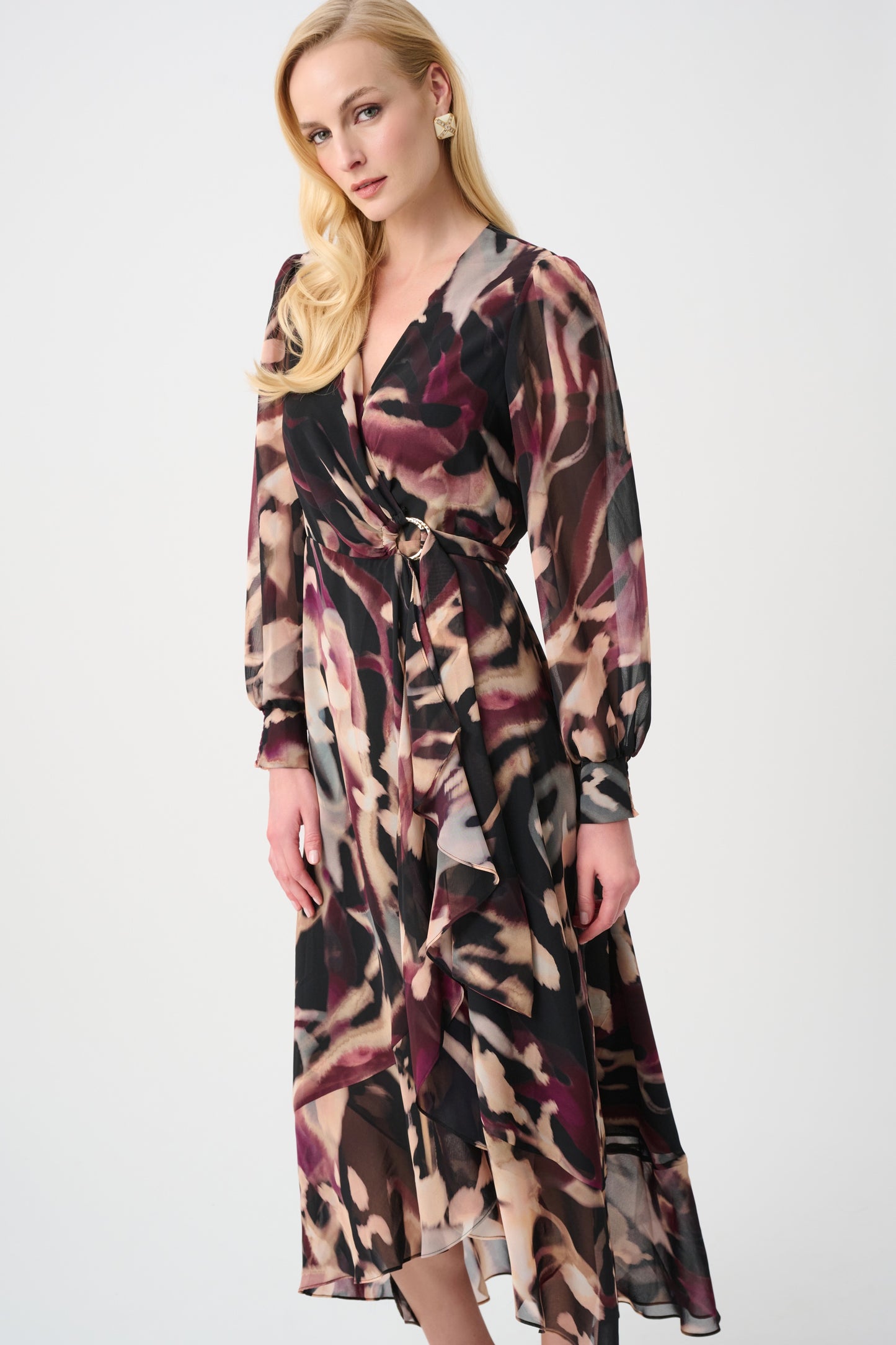Impressionist Puff Sleeve Wrap Dress