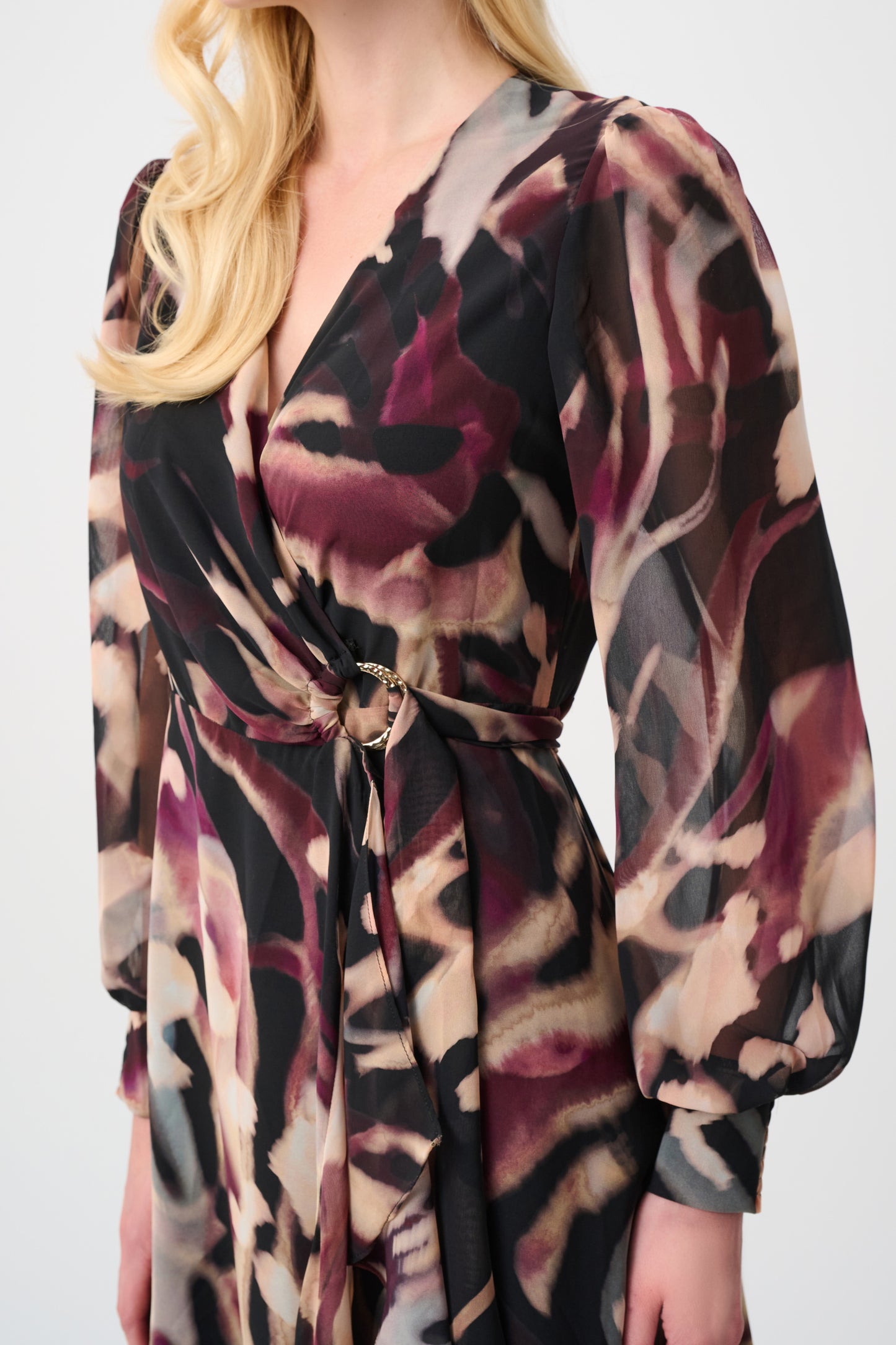 Impressionist Puff Sleeve Wrap Dress