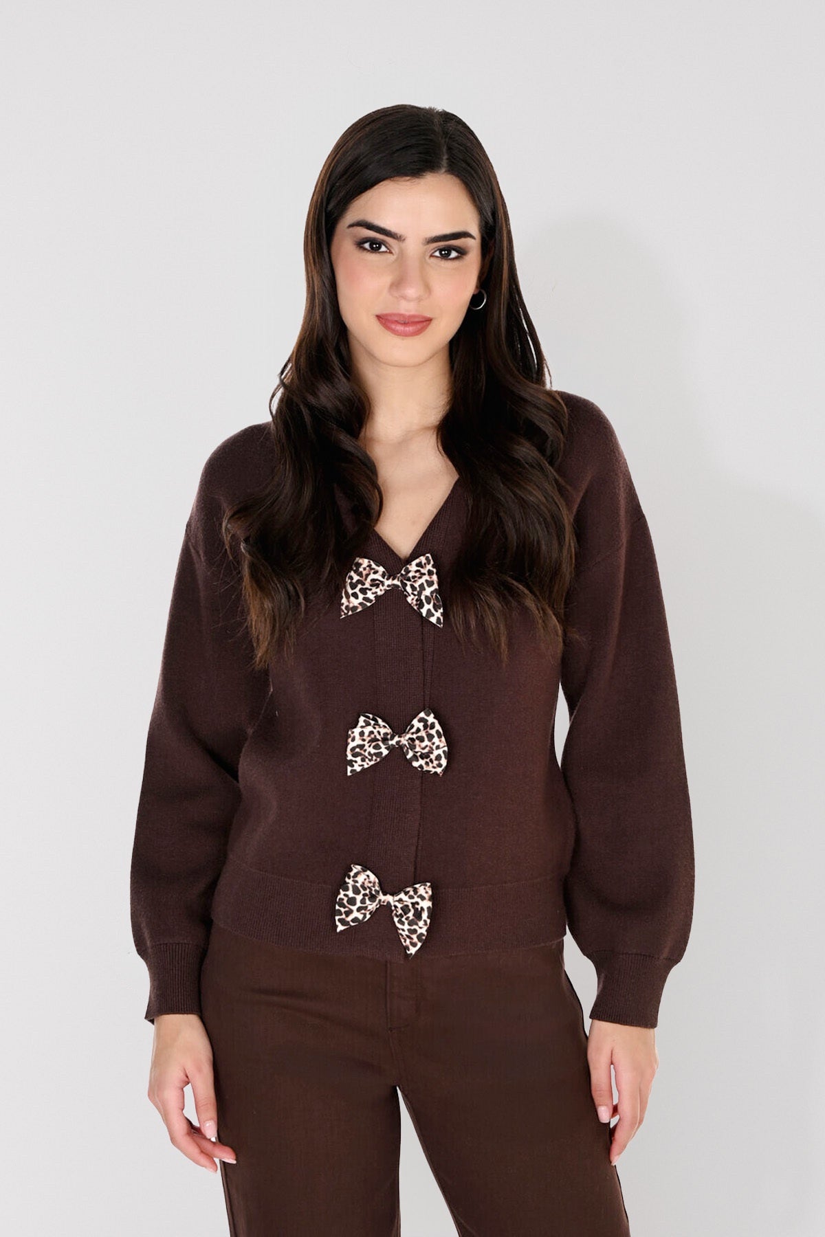 Mocha Cardigan With Leopard Print Bows