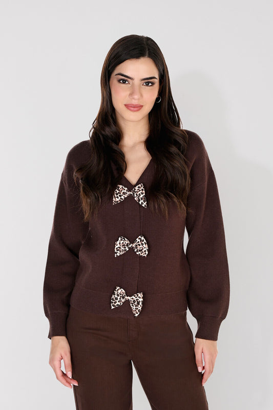 Mocha Cardigan With Leopard Print Bows