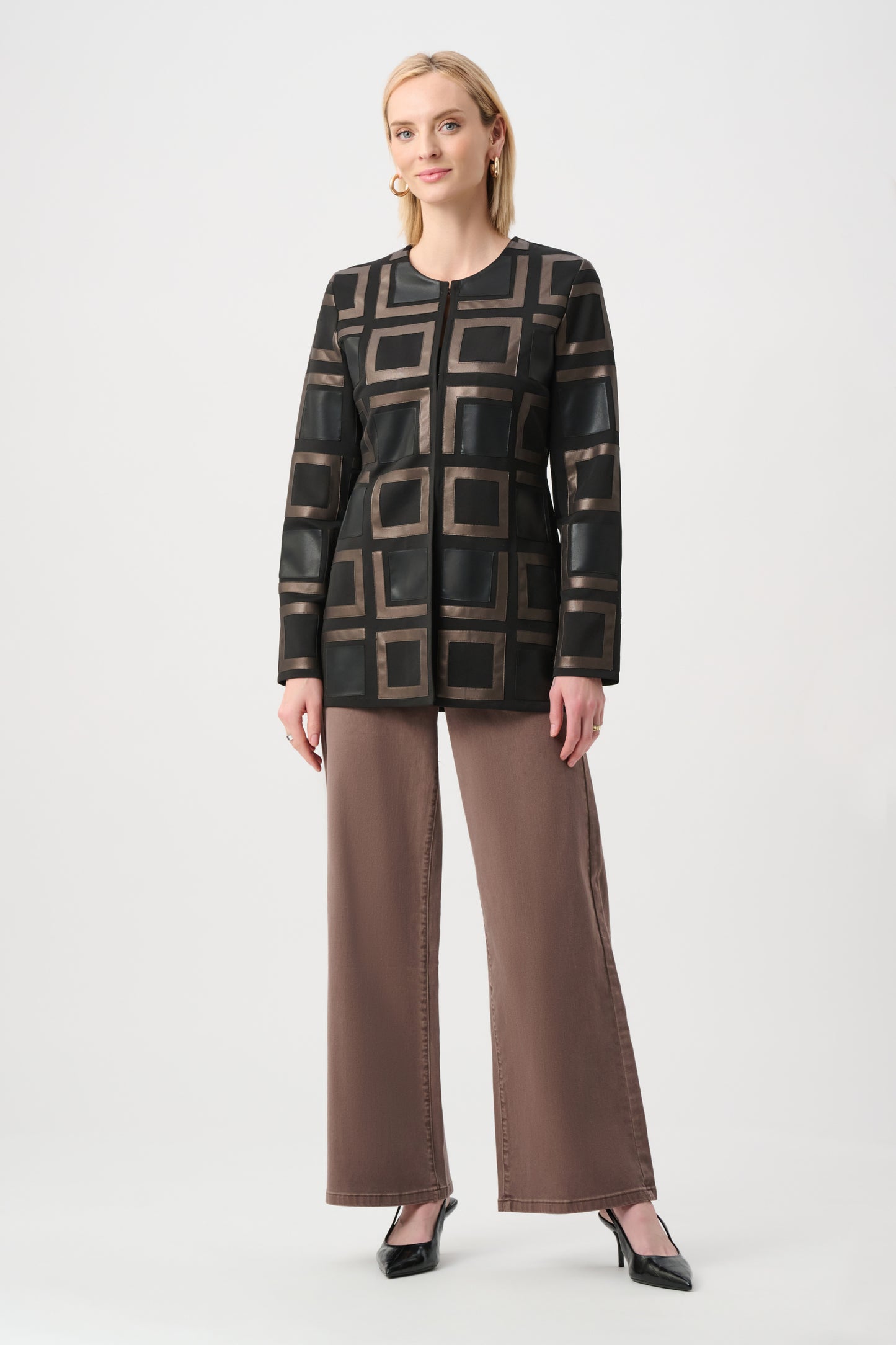 Leatherette Collarless Two-tone Jacket