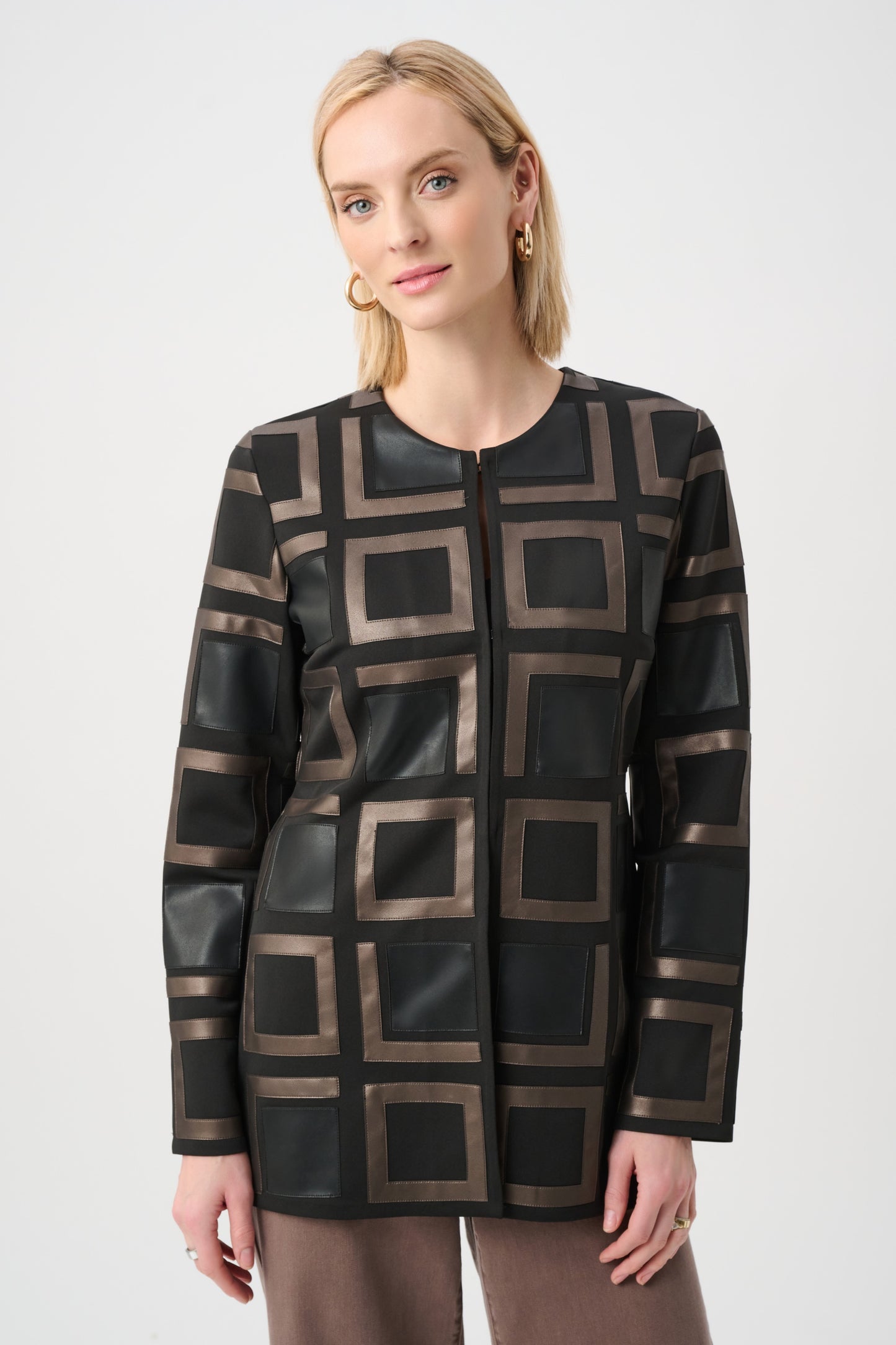 Leatherette Collarless Two-tone Jacket
