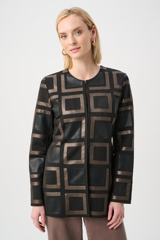 Leatherette Collarless Two-tone Jacket