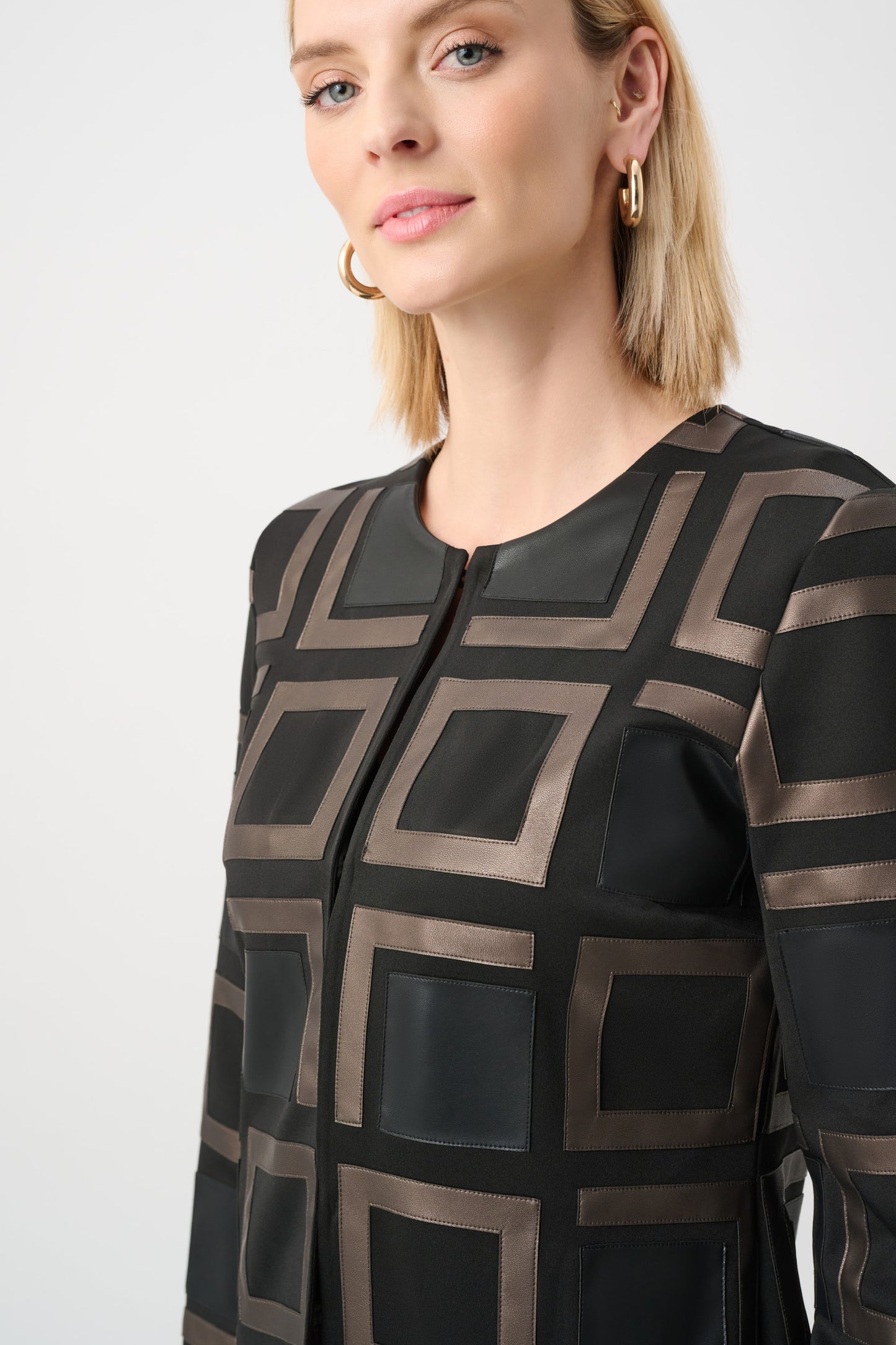 Leatherette Collarless Two-tone Jacket