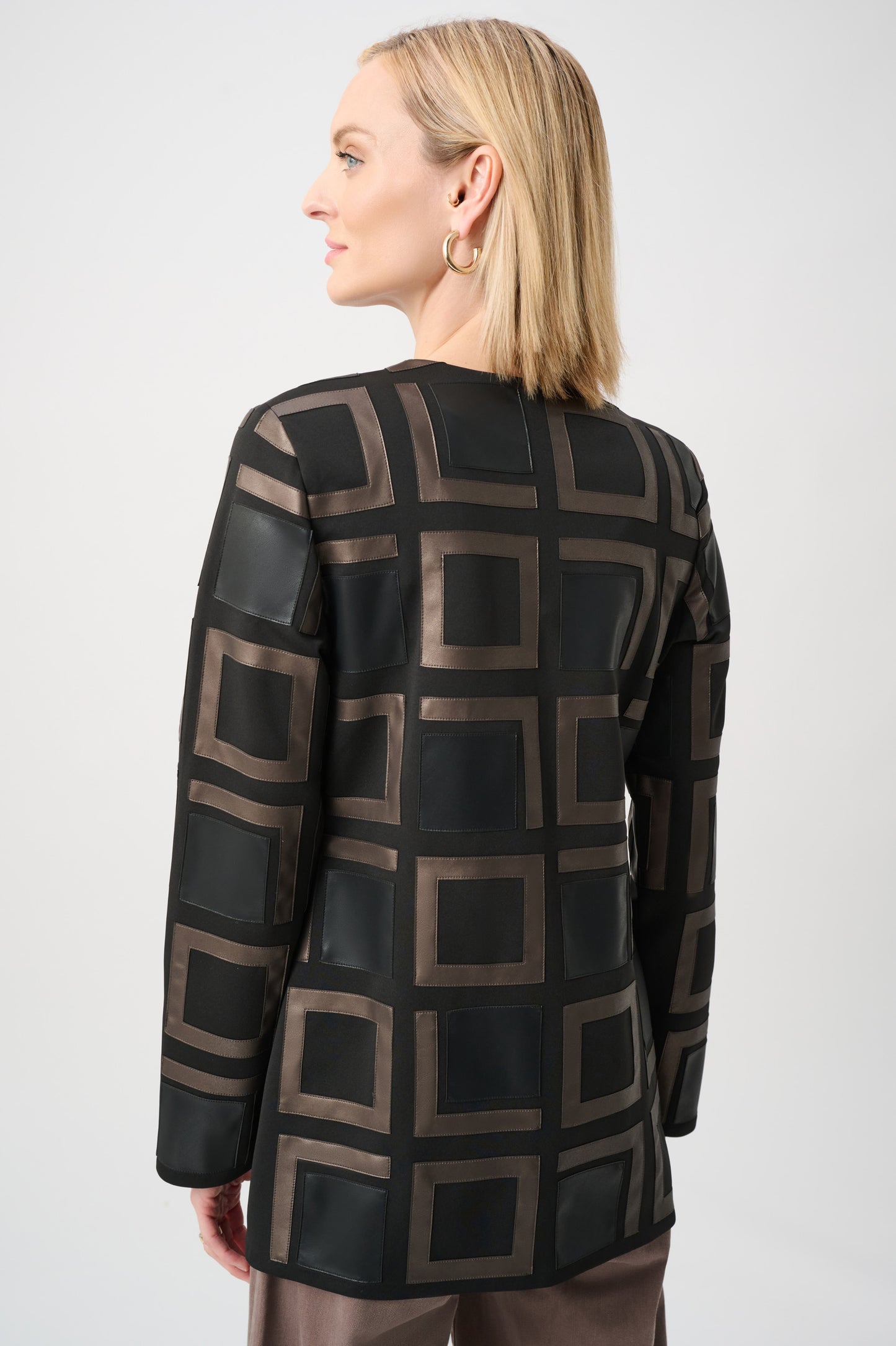 Leatherette Collarless Two-tone Jacket