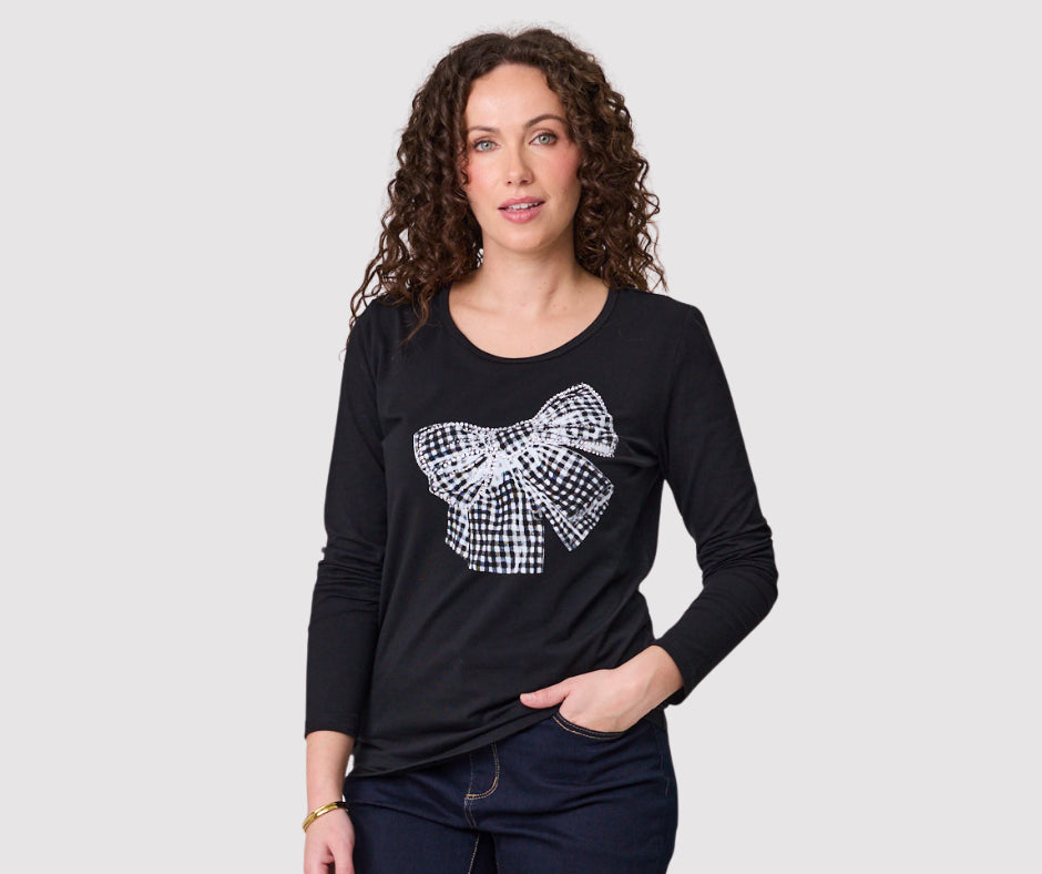 Black Long Sleeve Bow Tee