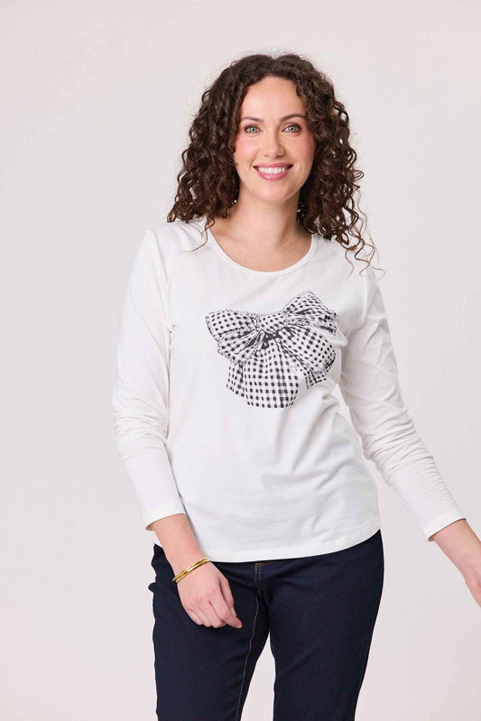 White Long Sleeve Bow Tee