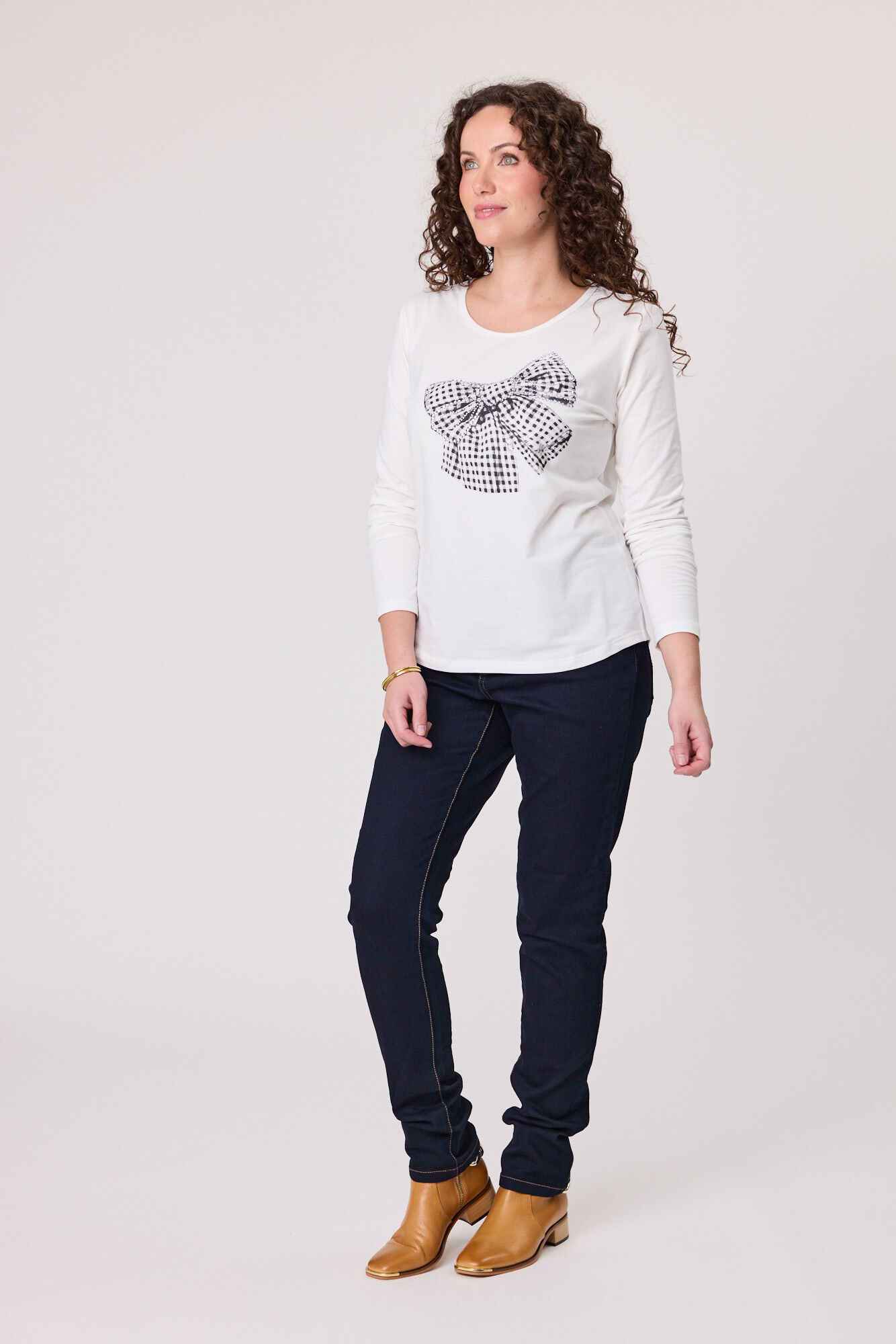White Long Sleeve Bow Tee