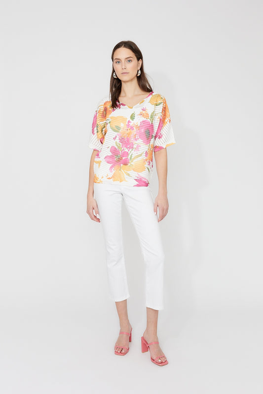 Floral V Neck Mesh Knit Top