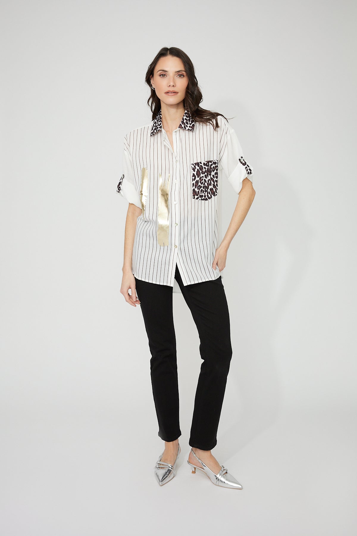 Striped Leopard Print Buttoned Shirt