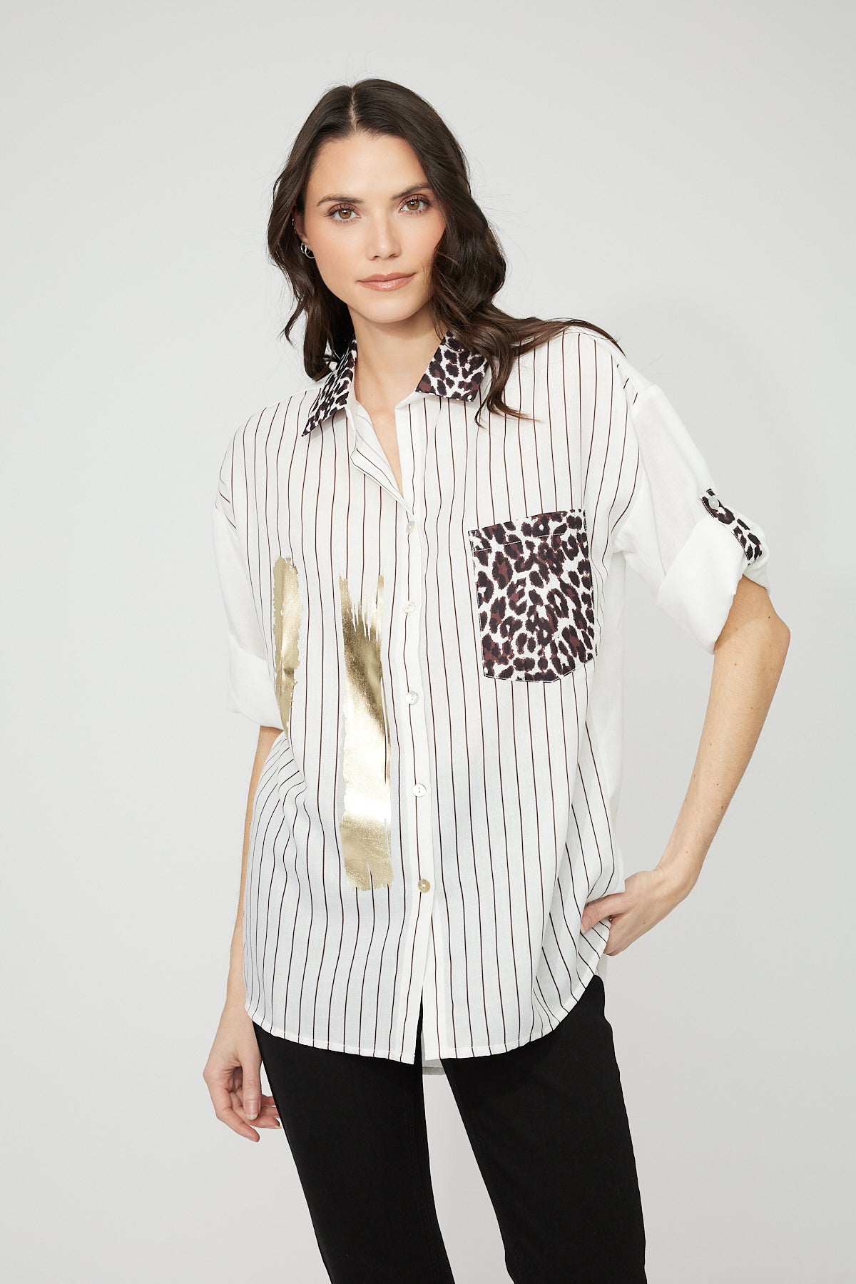 Striped Leopard Print Buttoned Shirt