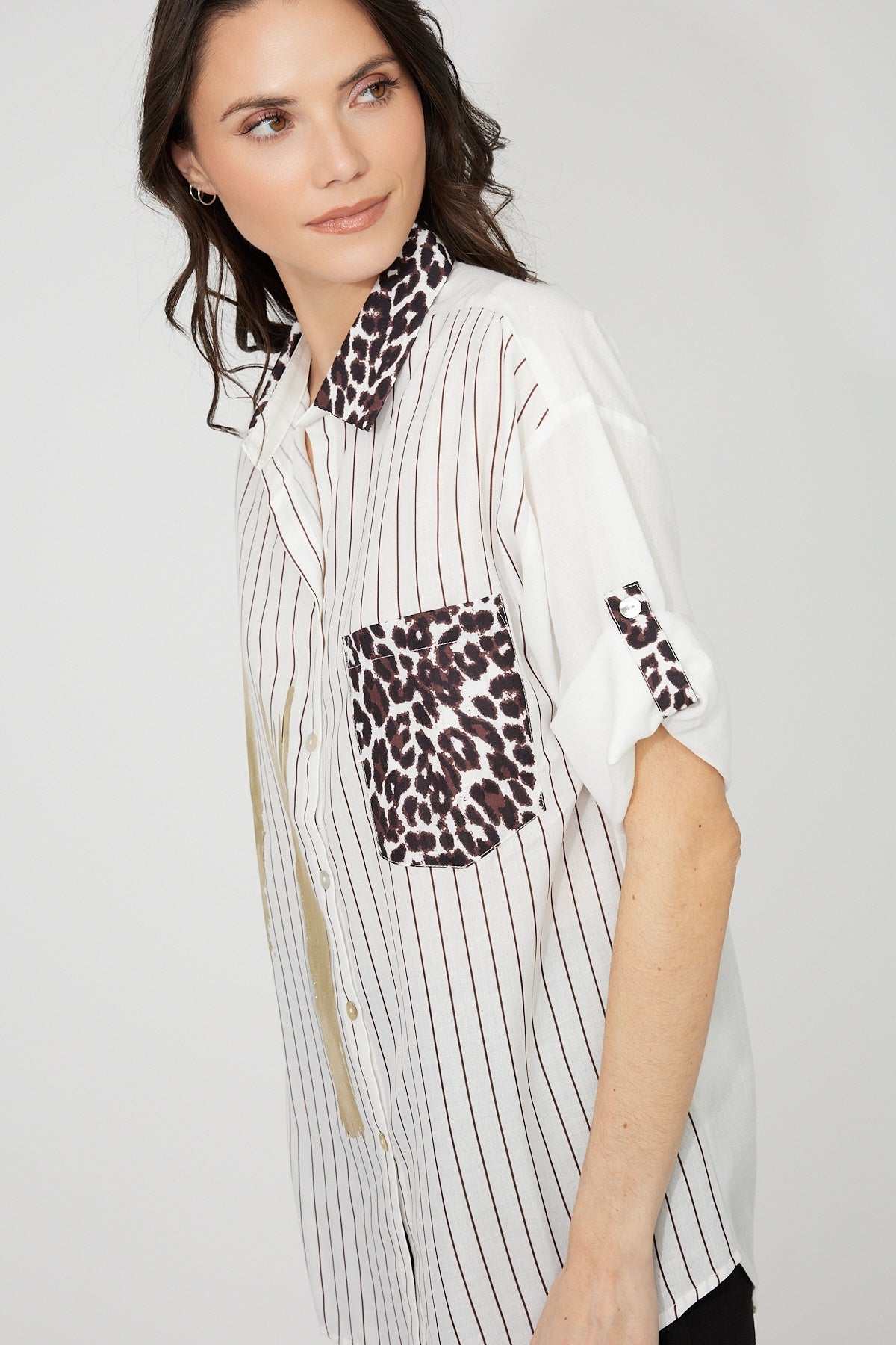 Striped Leopard Print Buttoned Shirt