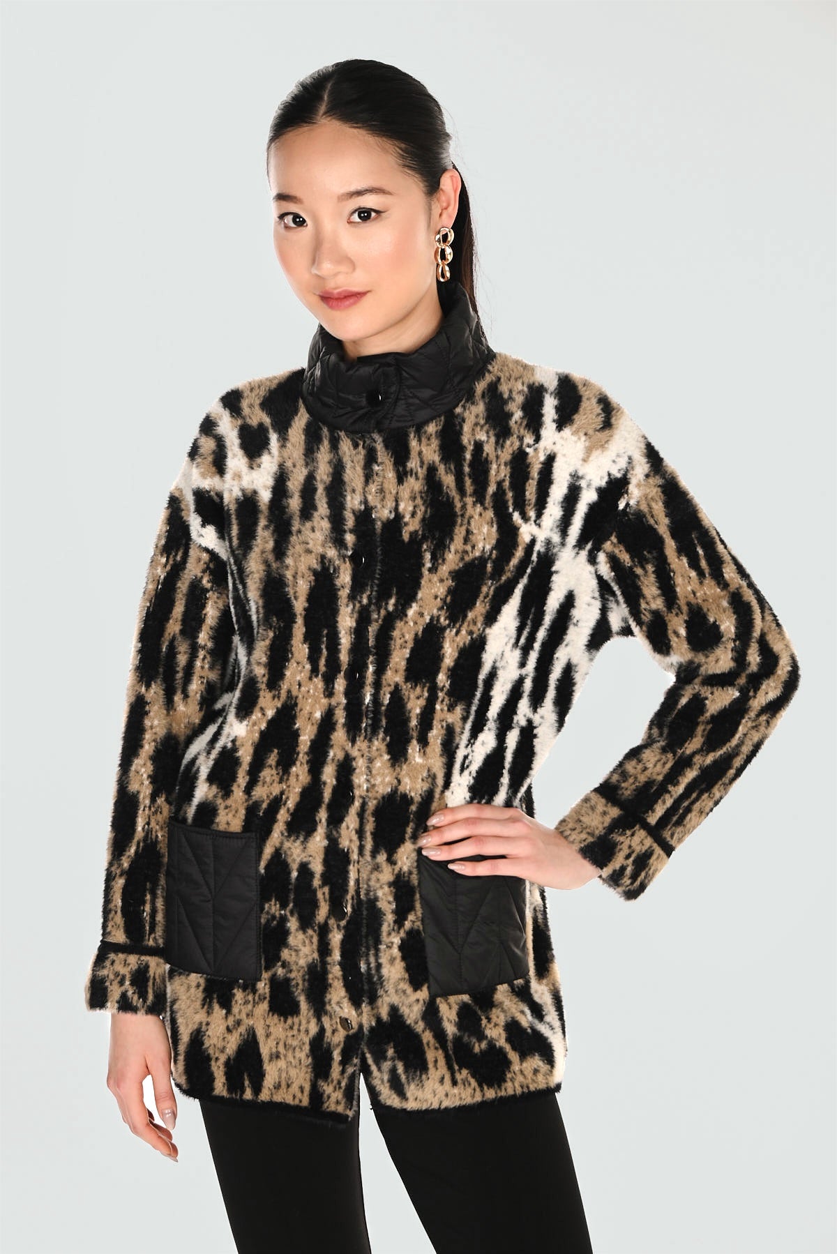 Funnel Neck Leopard Print Knit Jacket