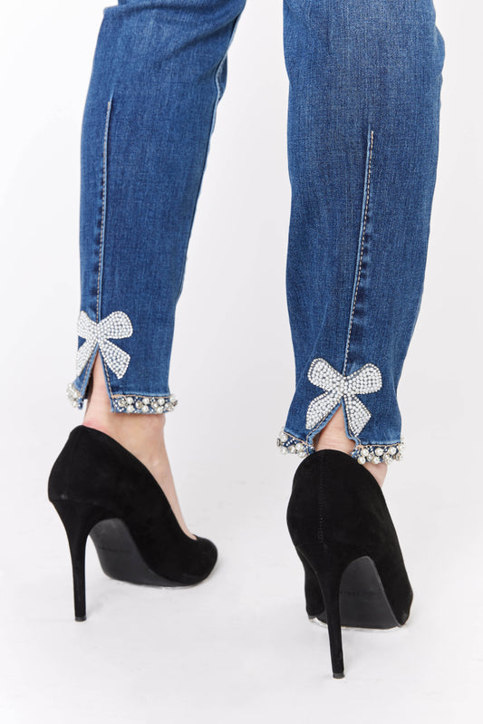 Dark Blue Bow Embellished Jeans