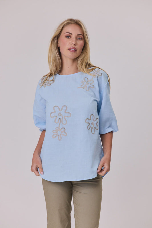 Printed Linen Top Blue