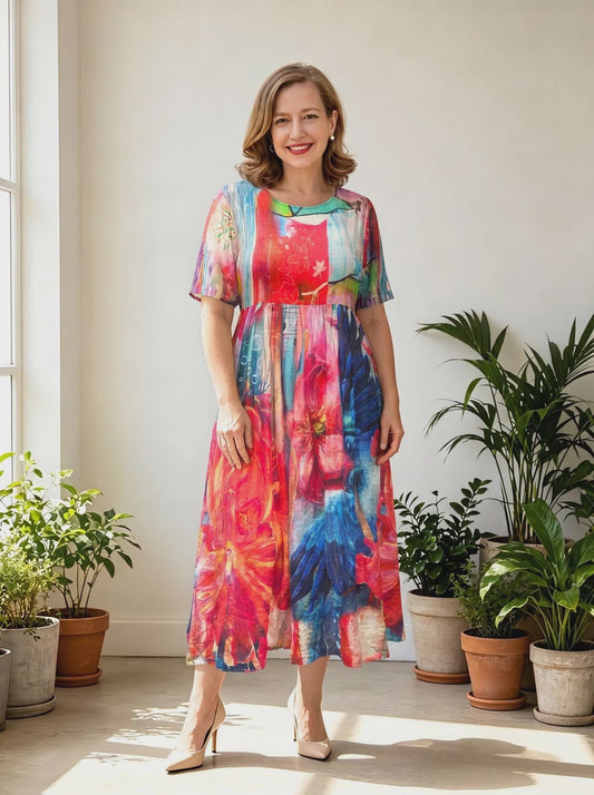 A-line Floral Birds Dress